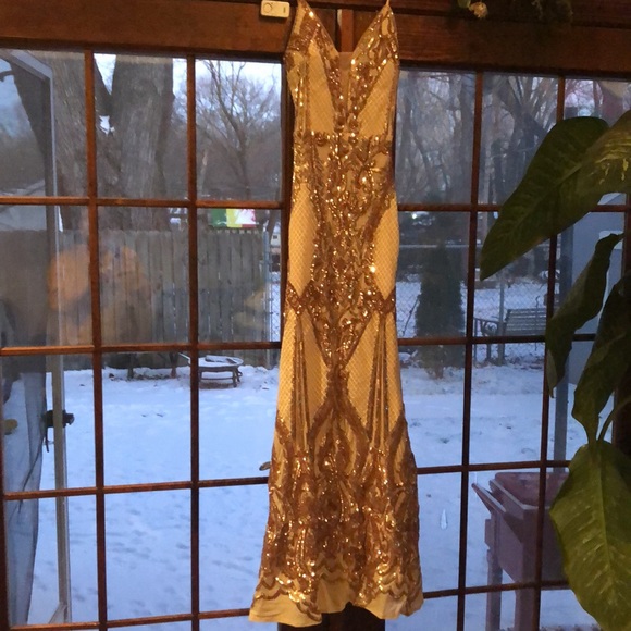 Long Gold Beaded Betsy & Adam Formal Dress. Size 2 - Picture 5 of 11